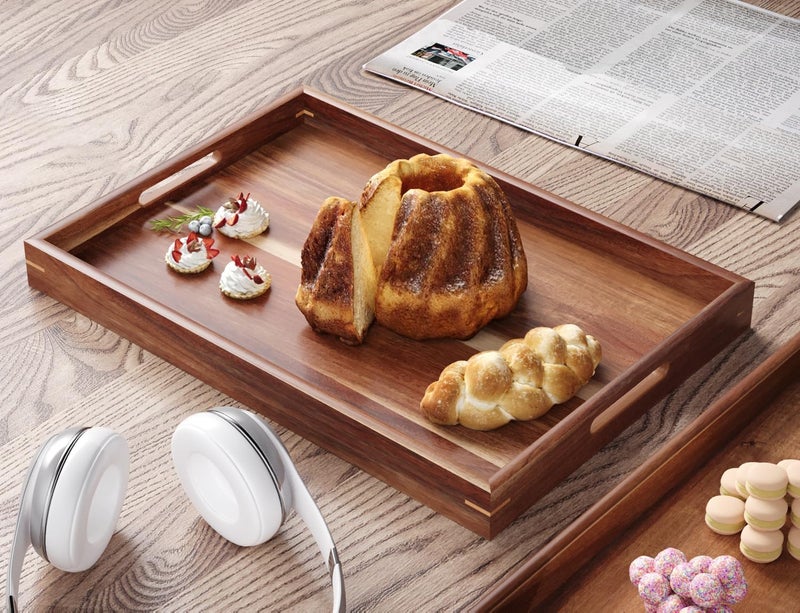 Fibogollo Set of 2 Acacia Wood Serving Tray with Handles,Decorative Trays Platter,Breakfast Tray in Bed,Food Drinks Tray for Eating,Working,Storing(Brown) - Image 4